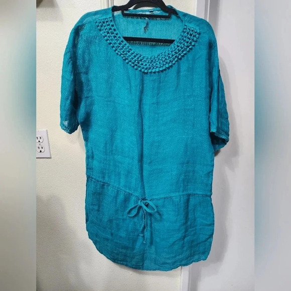 Michael Stars Textured Linen Yael Elbow Sleeve Boatneck Tunic Dress in Cove XS - Picture 2 of 7